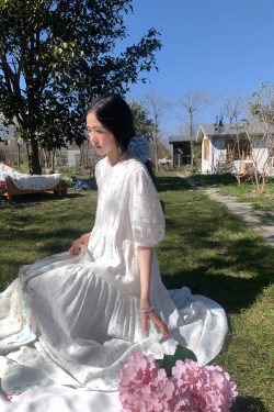 Cloudy Blue Sky Vintage Floral Cotton Blend Dress for Women - Summer Hollow Lace A-Line Long Skirt, Perfect for 90s and Y2K Style