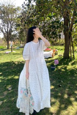 Cloudy Blue Sky Vintage Floral Cotton Blend Dress for Women - Summer Hollow Lace A-Line Long Skirt, Perfect for 90s and Y2K Style