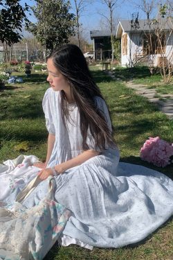 Cloudy Blue Sky Vintage Floral Cotton Blend Dress for Women - Summer Hollow Lace A-Line Long Skirt, Perfect for 90s and Y2K Style