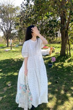 Cloudy Blue Sky Vintage Floral Cotton Blend Dress for Women - Summer Hollow Lace A-Line Long Skirt, Perfect for 90s and Y2K Style