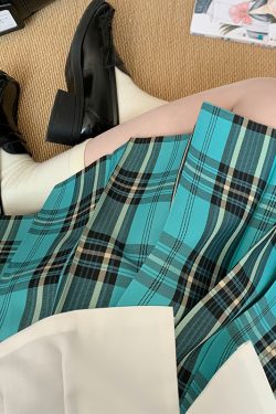 Coastal Pudding Bear JK Uniform Women's Checkered Pleated Half Skirt - Summer School Style, Cute Y2K Fashion