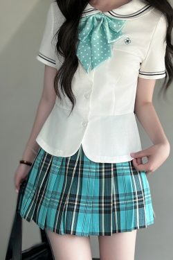 Coastal Pudding Bear JK Uniform Women's Checkered Pleated Half Skirt - Summer School Style, Cute Y2K Fashion