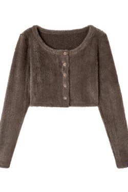 Coffee Color Floral Gray Layered Minimalist Plush Knitted Cardigan for Autumn and Winter