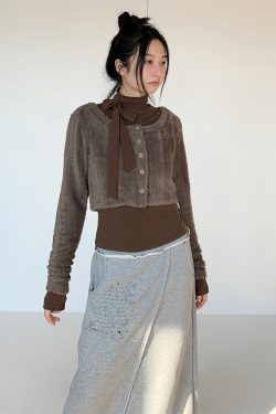 Coffee Color Floral Gray Layered Minimalist Plush Knitted Cardigan for Autumn and Winter