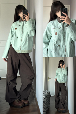 Coffee-Colored Women's Loose Straight-Leg Cargo Pants with Draping - American High Street Casual Floor-Length Style