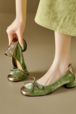 Color-Block Bow Mid-Heel Chunky Open-Toe Flats for Women - Genuine Leather Summer Soft Sole Egg Roll Shoes