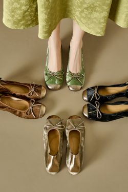 Color-Block Bow Mid-Heel Chunky Open-Toe Flats for Women - Genuine Leather Summer Soft Sole Egg Roll Shoes