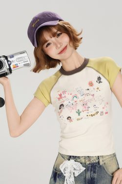 Color-Block Cartoon Illustration Short Sleeve T-Shirt for Women - Retro 90s Slim-Fit Summer Top