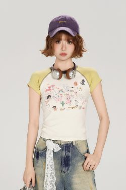 Color-Block Cartoon Illustration Short Sleeve T-Shirt for Women - Retro 90s Slim-Fit Summer Top