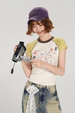 Color-Block Cartoon Illustration Short Sleeve T-Shirt for Women - Retro 90s Slim-Fit Summer Top