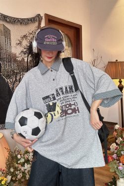 Color Block Cartoon Short Sleeve Shirt - Handmade American Retro Fake Two-Piece Polo Top for Women - Summer Fashion Casual Wear