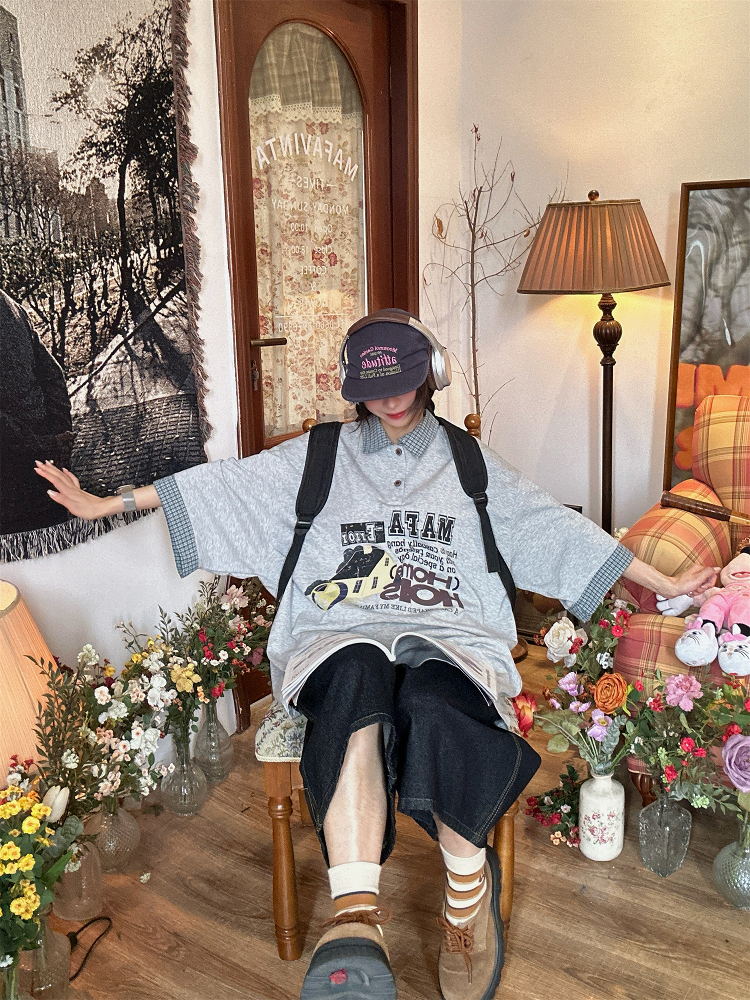 Color Block Cartoon Short Sleeve Shirt - Handmade American Retro Fake Two-Piece Polo Top for Women - Summer Fashion Casual Wear Color Block Cartoon Short Sleeve Shirt - Handmade American Retro Fake Two-Piece Polo Top for Women - Summer Fashion Casual Wear