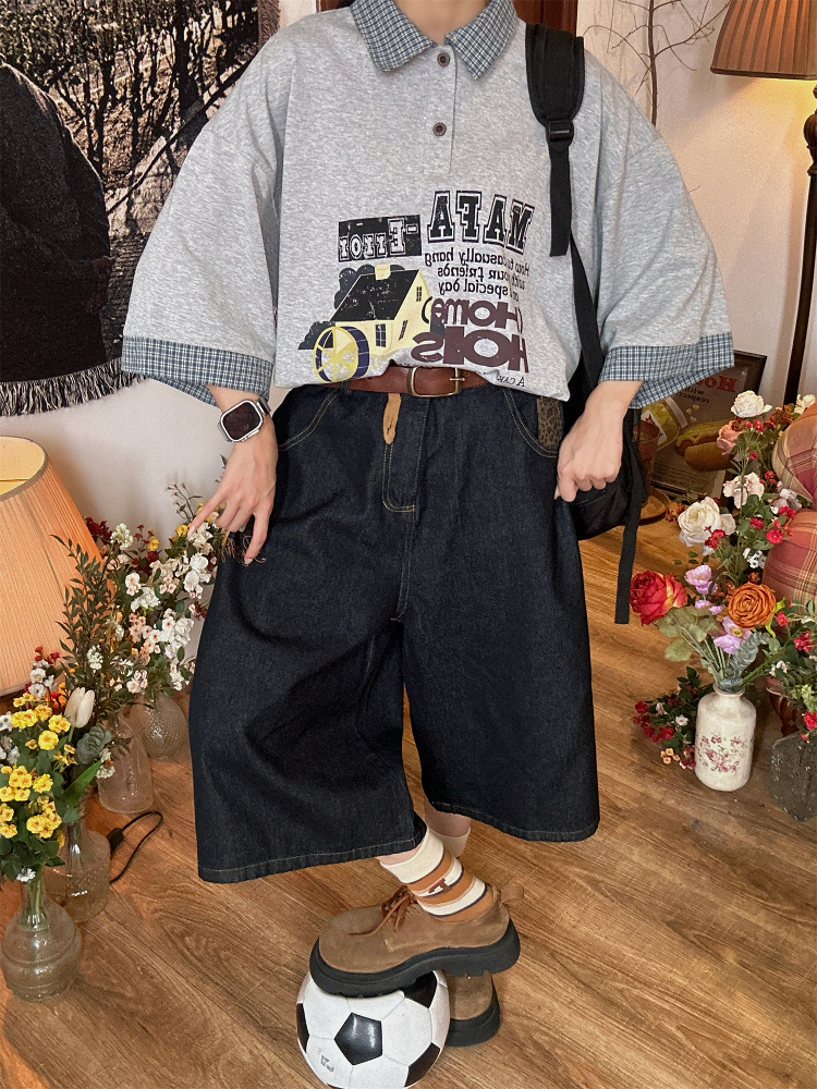 Color Block Cartoon Short Sleeve Shirt - Handmade American Retro Fake Two-Piece Polo Top for Women - Summer Fashion Casual Wear Color Block Cartoon Short Sleeve Shirt - Handmade American Retro Fake Two-Piece Polo Top for Women - Summer Fashion Casual Wear