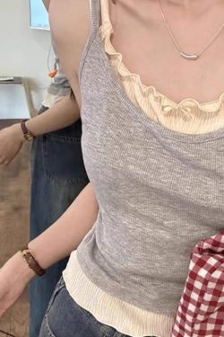 Color-Block Fake Two-Piece Vest for Women with Chest Pads, Summer Ruffled Edge Slim-Fit Camisole Top, Sweet Casual Style