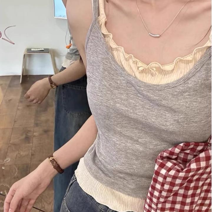 Color-Block Fake Two-Piece Vest for Women with Chest Pads, Summer Ruffled Edge Slim-Fit Camisole Top, Sweet Casual Style Color-Block Fake Two-Piece Vest for Women with Chest Pads, Summer Ruffled Edge Slim-Fit Camisole Top, Sweet Casual Style