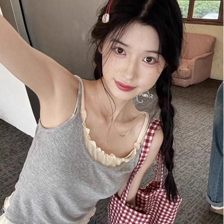 Color-Block Fake Two-Piece Vest for Women with Chest Pads, Summer Ruffled Edge Slim-Fit Camisole Top, Sweet Casual Style Color-Block Fake Two-Piece Vest for Women with Chest Pads, Summer Ruffled Edge Slim-Fit Camisole Top, Sweet Casual Style