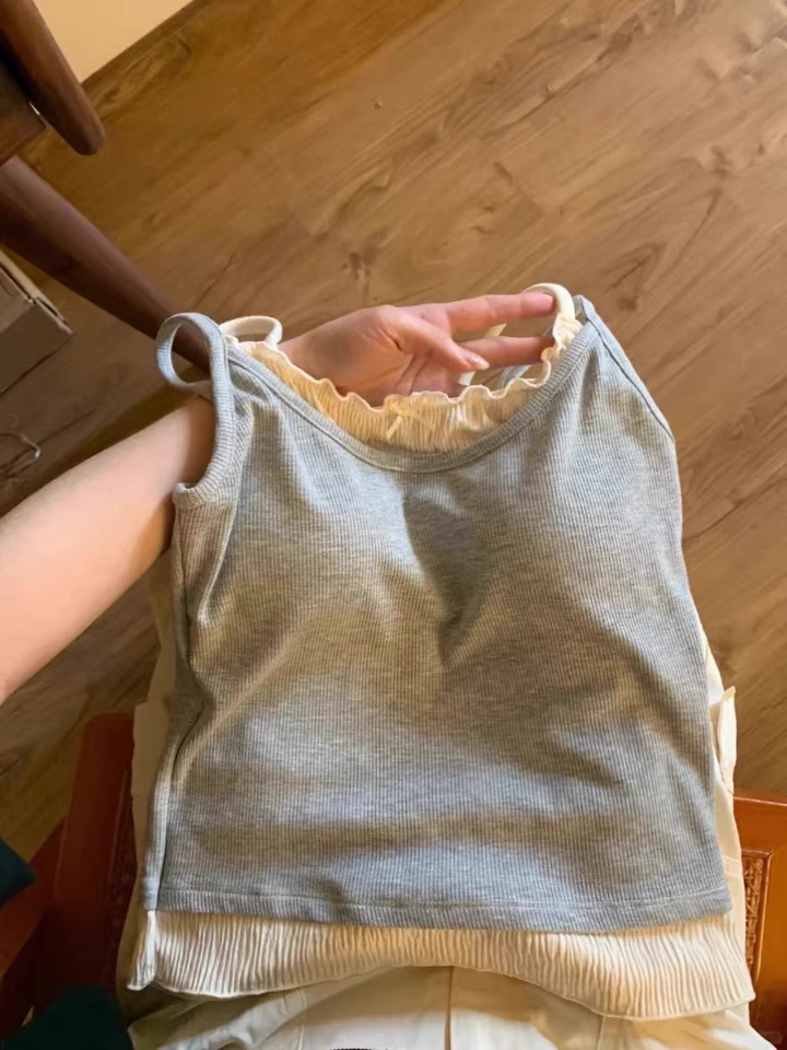 Color-Block Fake Two-Piece Vest for Women with Chest Pads, Summer Ruffled Edge Slim-Fit Camisole Top, Sweet Casual Style Color-Block Fake Two-Piece Vest for Women with Chest Pads, Summer Ruffled Edge Slim-Fit Camisole Top, Sweet Casual Style