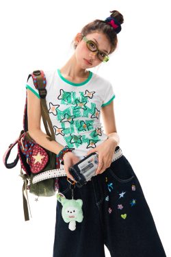 Color Block Graffiti Short Sleeve T-Shirt for Women - Summer Casual Versatile Top, Y2K Aesthetic