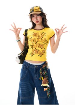 Color Block Graffiti Short Sleeve T-Shirt for Women - Summer Casual Versatile Top, Y2K Aesthetic