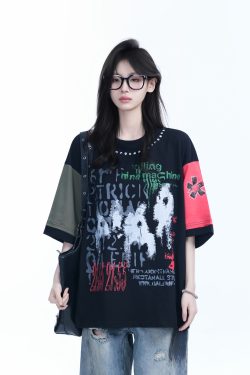 Color-Block Graffiti T-Shirt for Women - American Industrial Style, Loose Fit Short Sleeve, Trendy Streetwear Design