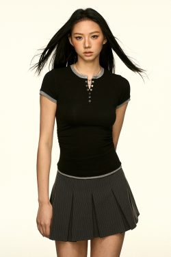 Color-Block Henley Short-Sleeve T-Shirt for Women - Slim Fit, American Style, Versatile Spring/Summer Fashion