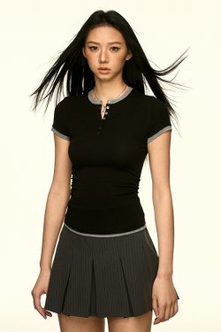 Color-Block Henley Short-Sleeve T-Shirt for Women - Slim Fit, American Style, Versatile Spring/Summer Fashion