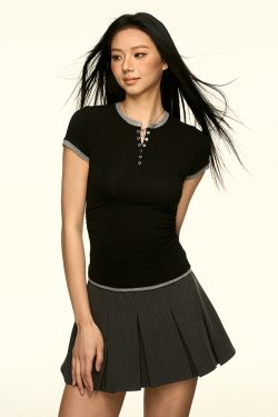 Color-Block Henley Short-Sleeve T-Shirt for Women - Slim Fit, American Style, Versatile Spring/Summer Fashion