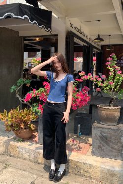 Color-Block Knitted Short-Sleeve T-Shirt for Women - Slim Fit Cropped Top, American Style Summer 2025 Fashion