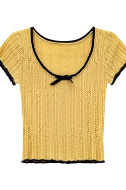 Color-Block Knitted Short-Sleeve T-Shirt for Women - Slim Fit Cropped Top, American Style Summer 2025 Fashion