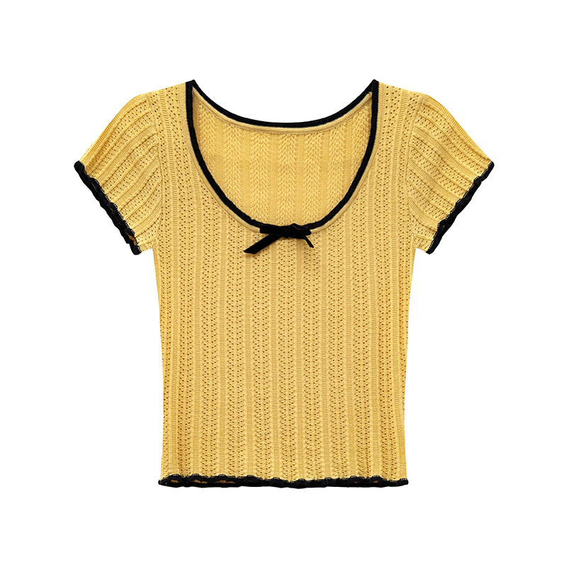 Color-Block Knitted Short-Sleeve T-Shirt for Women - Slim Fit Cropped Top, American Style Summer 2025 Fashion Color-Block Knitted Short-Sleeve T-Shirt for Women - Slim Fit Cropped Top, American Style Summer 2025 Fashion