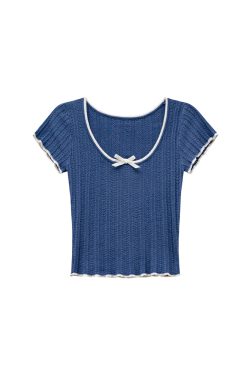 Color-Block Knitted Short-Sleeve T-Shirt for Women - Slim Fit Cropped Top, American Style Summer 2025 Fashion