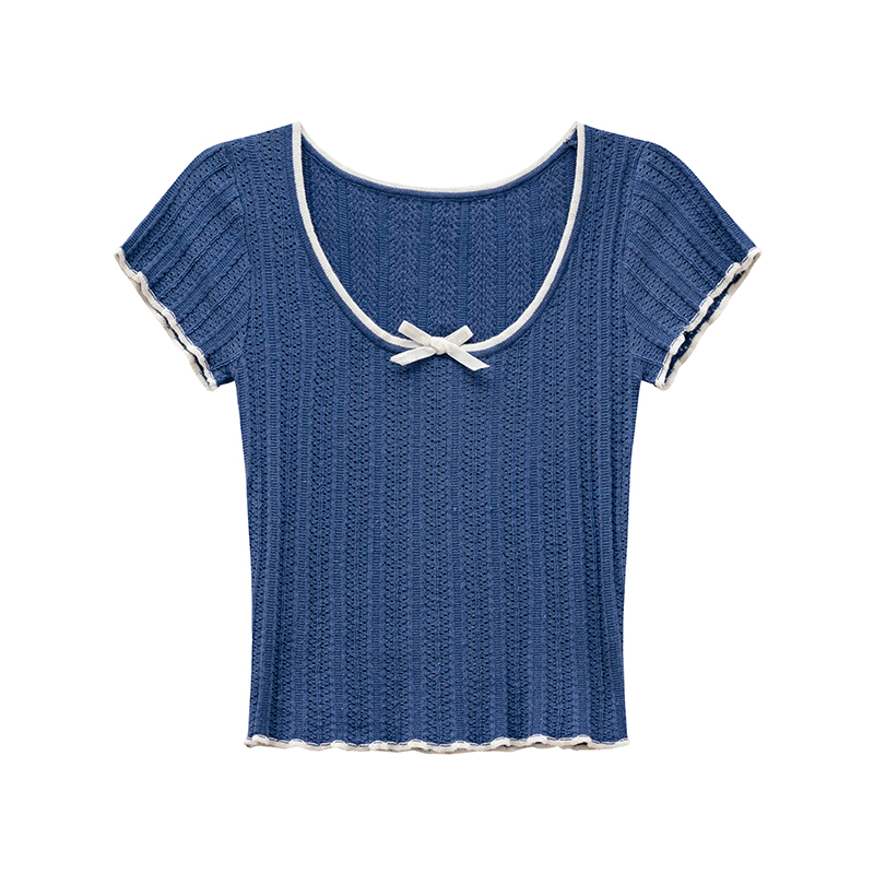 Color-Block Knitted Short-Sleeve T-Shirt for Women - Slim Fit Cropped Top, American Style Summer 2025 Fashion Color-Block Knitted Short-Sleeve T-Shirt for Women - Slim Fit Cropped Top, American Style Summer 2025 Fashion