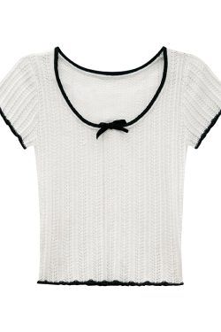 Color-Block Knitted Short-Sleeve T-Shirt for Women - Slim Fit Cropped Top, American Style Summer 2025 Fashion