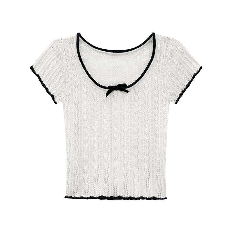 Color-Block Knitted Short-Sleeve T-Shirt for Women - Slim Fit Cropped Top, American Style Summer 2025 Fashion Color-Block Knitted Short-Sleeve T-Shirt for Women - Slim Fit Cropped Top, American Style Summer 2025 Fashion