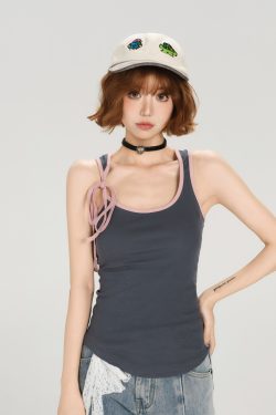 Color-Block Lace-Up Vest for Women - American Retro Summer Slim Fit Top, Flattering Outerwear, 90s Inspired Fashion