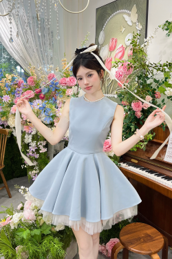 Color-Block Mesh Sleeveless French Hepburn-Style Puff Skirt Ballet Dress for Noble Ladies - Elegant Waist-Cinching Design