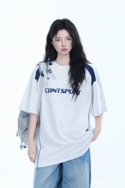 Color-Block Oversized Short Sleeve T-Shirt for Women - Casual Summer Style, American Trend, Loose Fit, Y2K Inspired