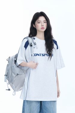 Color-Block Oversized Short Sleeve T-Shirt for Women - Casual Summer Style, American Trend, Loose Fit, Y2K Inspired