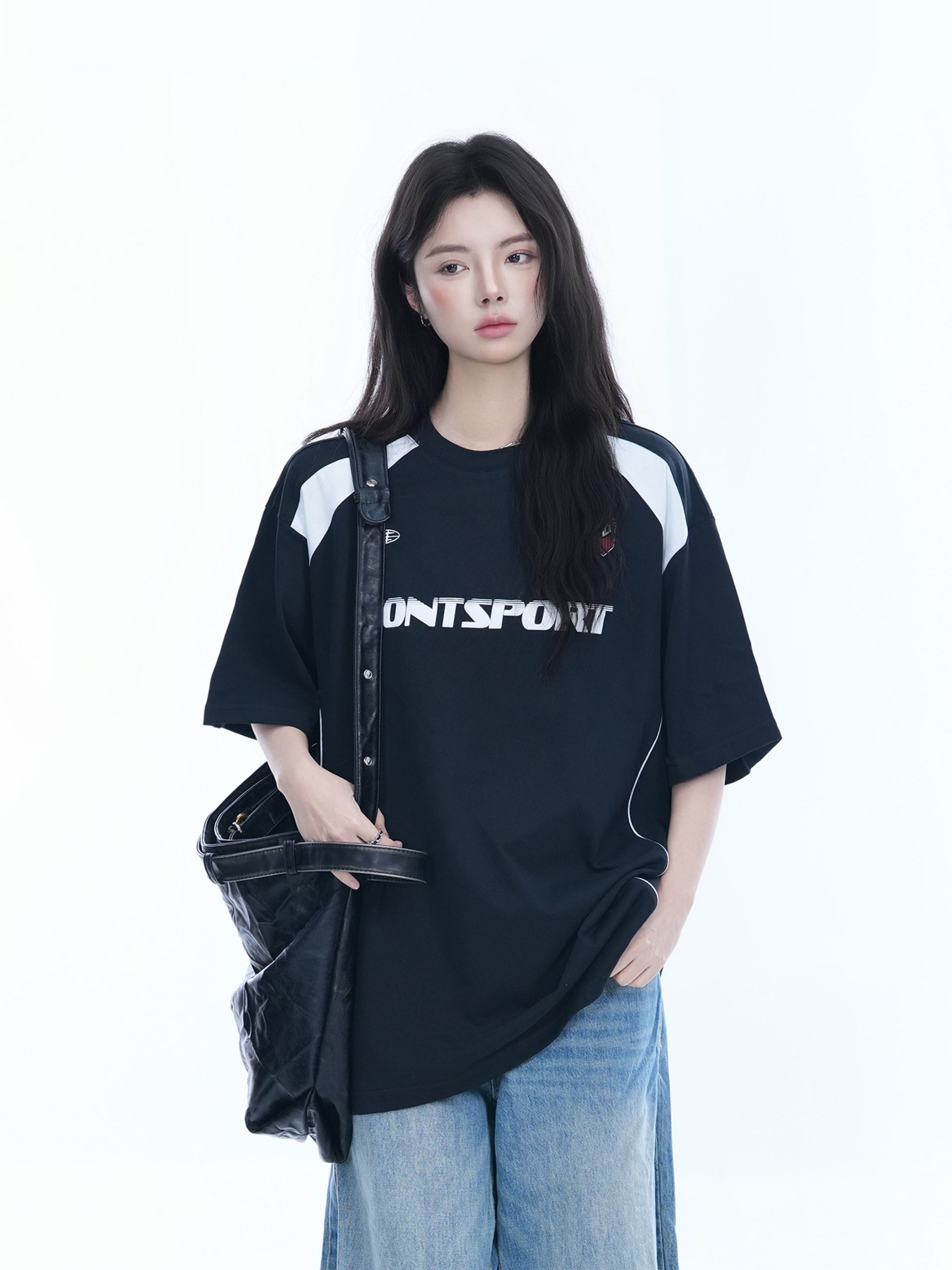 Color-Block Oversized Short Sleeve T-Shirt for Women - Casual Summer Style, American Trend, Loose Fit, Y2K Inspired Color-Block Oversized Short Sleeve T-Shirt for Women - Casual Summer Style, American Trend, Loose Fit, Y2K Inspired