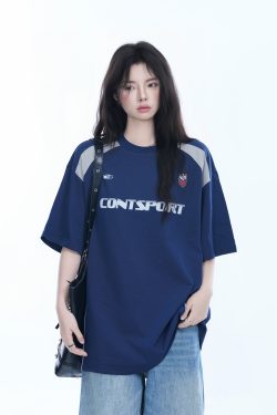 Color-Block Oversized Short Sleeve T-Shirt for Women - Casual Summer Style, American Trend, Loose Fit, Y2K Inspired