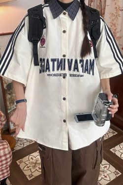 Color Block Plaid Short Sleeve Shirt for Men and Women - Vintage Summer College Style Embroidered Polo Top