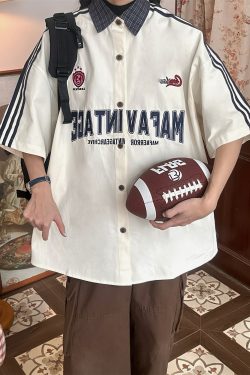 Color Block Plaid Short Sleeve Shirt for Men and Women - Vintage Summer College Style Embroidered Polo Top