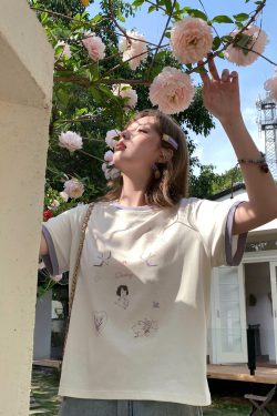 Color Block Printed Short Sleeve T-Shirt for Women - Vintage Wisteria Breeze, Loose Fit, Summer Cotton Top, Casual 90s Style