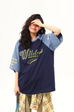 Color Block Raglan Sleeve Short Sleeve T-Shirt for Men and Women - Vintage American Style Loose Fit Couple Top