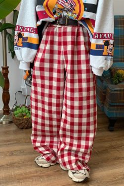 Color-Block Red Plaid Casual Pants for Women | Handmade Vintage Loose Wide-Leg Straight-Leg Floor-Length Trousers