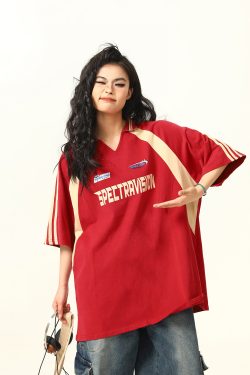 Color-Block Red Short Sleeve T-Shirt for Women - Vintage American Style Loose Polo Collar Top - Summer 90s Fashion Essential