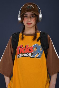 Color-Block Retro Sports Short Sleeve T-Shirt for Summer - Loose Fit Distressed Double Stripe Trendy Style