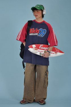 Color-Block Retro Sports Short Sleeve T-Shirt for Summer - Loose Fit Distressed Double Stripe Trendy Style