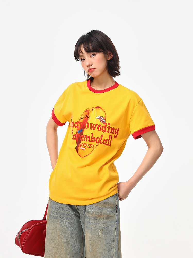 Color-Block Round Neck T-Shirt for Women - American Retro Style, Boxy Fit, Trendy Print, Ginger Yellow Short Sleeves Color-Block Round Neck T-Shirt for Women - American Retro Style, Boxy Fit, Trendy Print, Ginger Yellow Short Sleeves