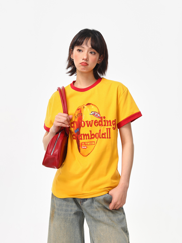 Color-Block Round Neck T-Shirt for Women - American Retro Style, Boxy Fit, Trendy Print, Ginger Yellow Short Sleeves Color-Block Round Neck T-Shirt for Women - American Retro Style, Boxy Fit, Trendy Print, Ginger Yellow Short Sleeves